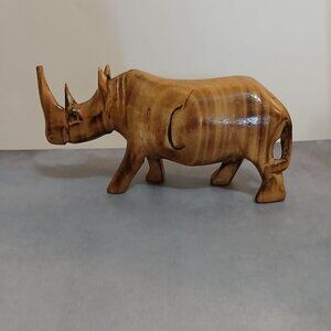 Hand Carved Wooden Rhinoceros Statuette